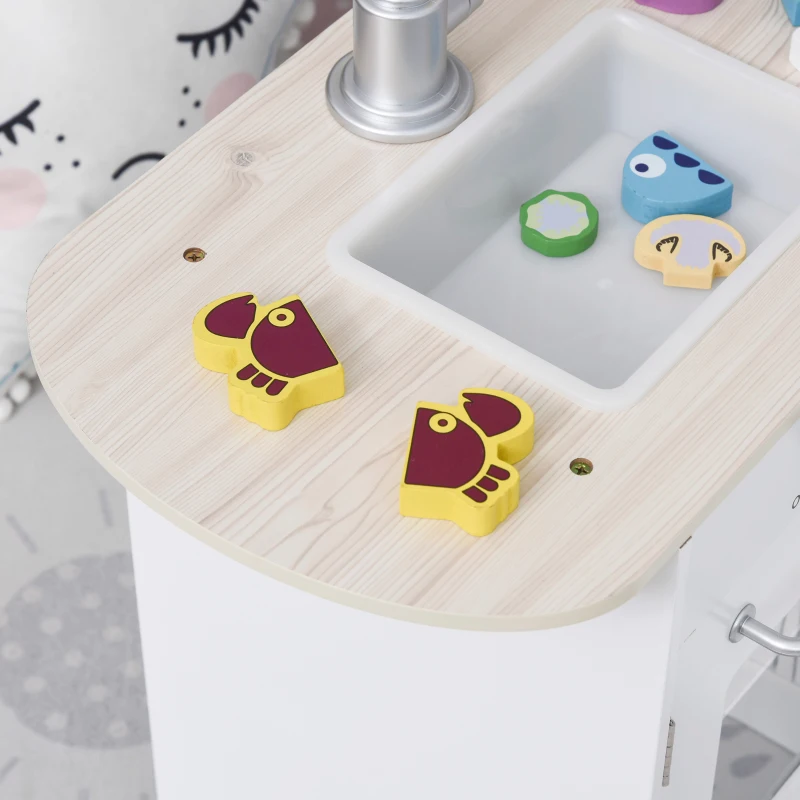 HOMCOM Cucina Giocattolo per Bambini in Legno con 14 Accessori, Forno, Lavandino, Frigo e Microonde, Età 3+ Anni, 86x64x84.5cm, Bianco e Argento