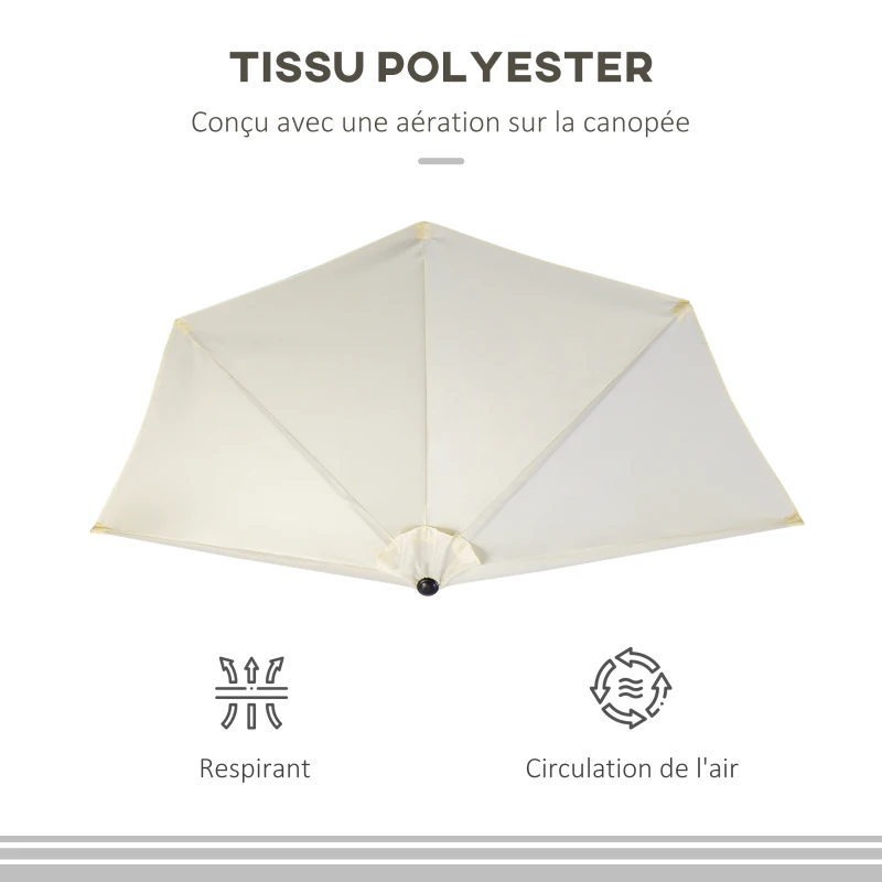 Outsunny Demi parasol Ø 2,6 m, parasol de balcon 5 entretoises acier polyester beige