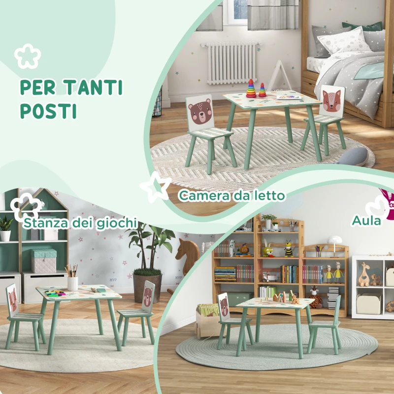 ZONEKIZ Set Tavolo e Sedie 3 Pezzi per Bambini 3-8 Anni in MDF e Legno di Pino, Verde