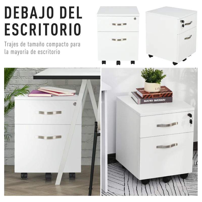 HOMCOM Cajonera de Oficina con Reudas Mueble Archivador con 2 Cajones Llave y Riel Colgante 40x45,5x52,5 cm Blanco