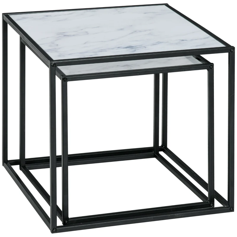 HOMCOM Conjunto de 2 Mesas Auxiliares Cuadradas Imitación Mármol Mesas Apilables con Encimera de Cristal y Marco de Acero