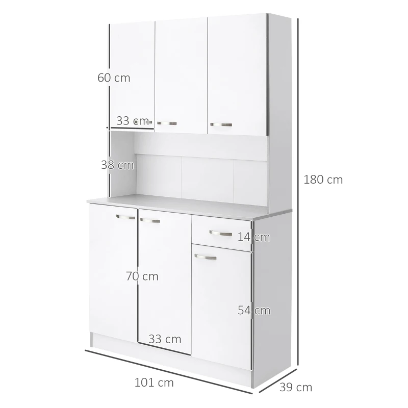 HOMCOM Buffet de cuisine armoire de cuisine contemporaine multi-rangements 6 portes 1 tiroir + grand plateau dim. 101L x 39l x 180H cm panneaux particules blanc gris