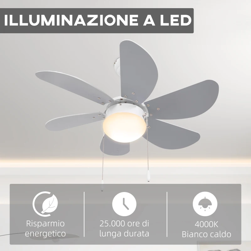 HOMCOM Ventilatore a Soffitto con Luce LED e Interruttore a Catena, in MDF e Acrilico, Ø76x41.5 cm, Grigio e Bianco