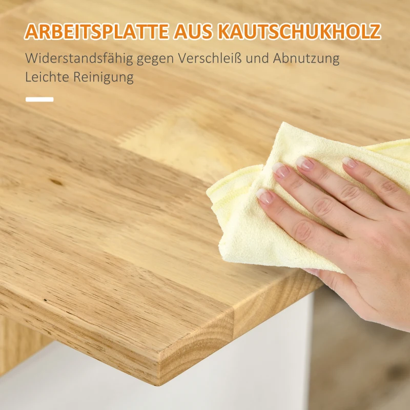 HOMCOM Kücheninsel mit 2 Klapptischen, 3 Regalen, Messerhalter, 140 cm x 55 cm x 91 cm, Weiß + Natur