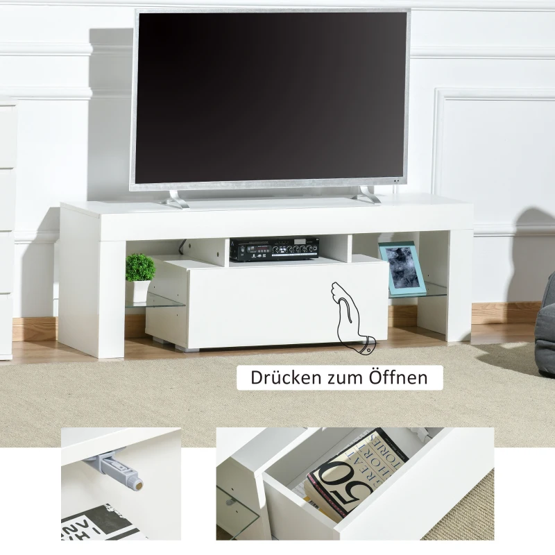 HOMCOM Fernsehtisch TV Schrank mit RGB-Lichtleisten TV-Kommode Schrankelement mit verstellbaren Glasböden offenen Einlegeböden und 1 Schublade Fernbedienung MDF Spanplatte Weiß 130 x 35 x 45 cm