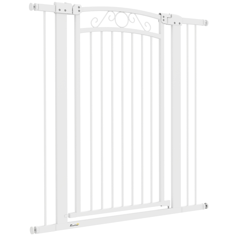 PawHut Puerta para Perros con Ancho Ajustable 76-104 cm Barrera de Seguridad con 2 Extensiones y Doble Bloqueo Blanco