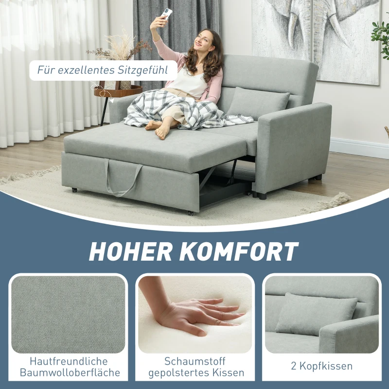 HOMCOM 2-Sitzer Sofa mit Bettfunktion, Verstellbarer Rückenlehne, Polstersofa, Samtoptik, für Wohnzimmer, Schlafzimmer, Hellgrau(m-5)