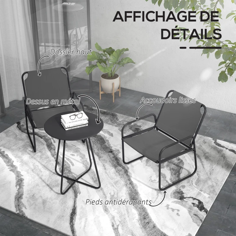 Outsunny Ensemble de jardin 3 pièces, salon de jardin, 2 fauteuils 1 table ronde, acier et tissu mesh, gris