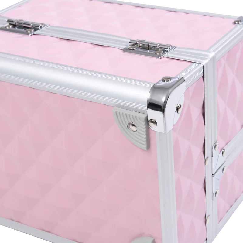 HOMCOM Mallette à maquillage rangement à 3 niveaux avec miroir verrouillage avec 2 clés dim. 20L x 15l x 15H cm rose