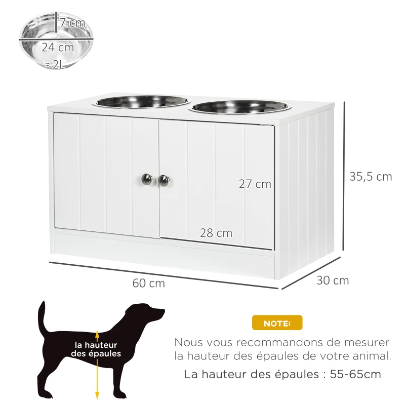 PawHut Gamelles chiens surélevées gamelle double chien chat porte-gamelles 60 x 30 x 35,5 cm 2 gamelles 2L acier inox incluses bois blanc
