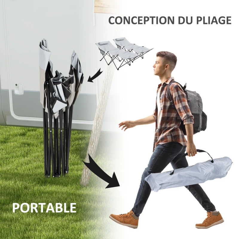 Outsunny Lot de 2 Bains de soleil transats pliables chaises longues avec poche latérale, appui-tête en Oxford gris
