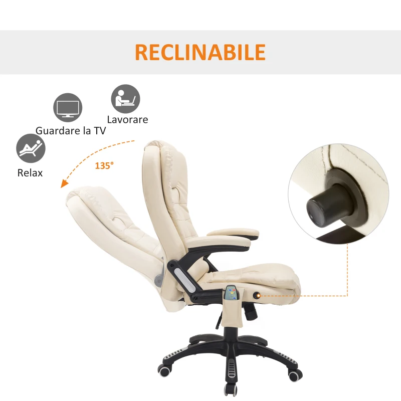 HOMCOM Poltrona Massaggiante da Ufficio ad Altezza Regolabile con 6 Punti Massaggianti, in PU, 62x68x111-121 cm, Beige