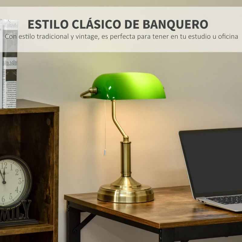 HOMCOM Lámpara de Mesa Tipo Banquero con Interruptor de Cuerda y Pantalla de Cristal Bombilla Requerida E27 de Máx. 40W Metal para Dormitorio Sala de Estar 27,5x17,5x39 cm Verde