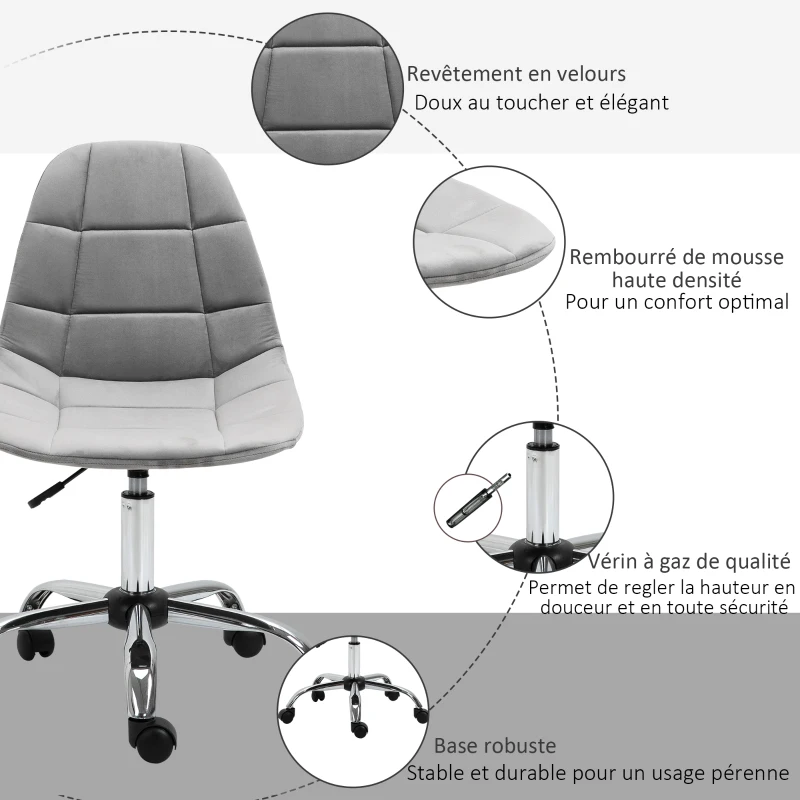 Vinsetto Chaise de bureau effet capitonné hauteur réglable pivotant 360° piètement chromé velours gris