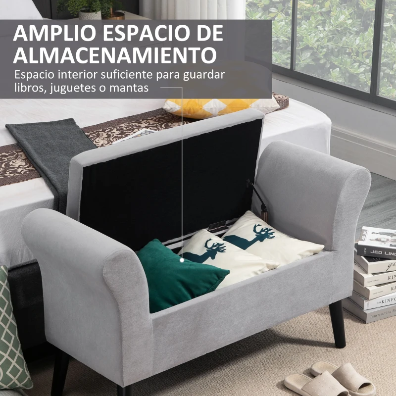 HOMCOM Banco de Almacenamiento con Tapa Abatible Reposabrazos y Patas de Madera para Salón 111,5x41x65 cm Gris Claro