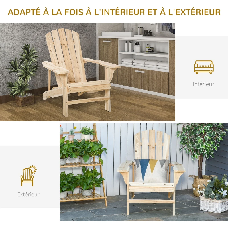Outsunny Fauteuil adirondack Fauteuil de Jardin Chaise de Jardin de Plein Air dim. 78L x 89P x 88H cm Bois Massif Sapin Naturel pour Jardin, Terrasse et Balcon