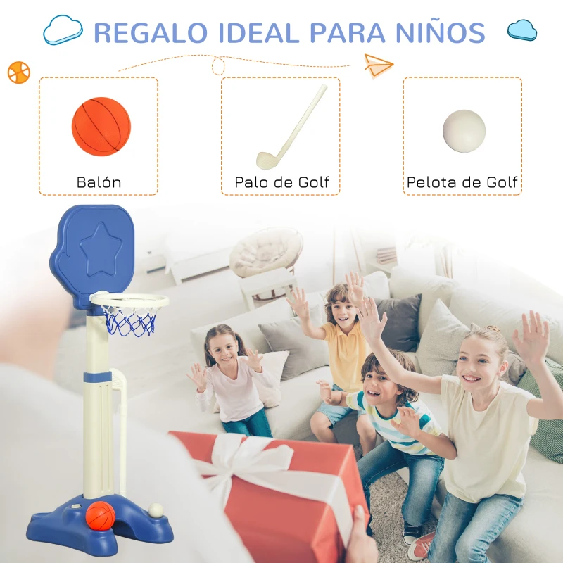 HOMCOM Canasta de Baloncesto 2 en 1 Canasta de Baloncesto Infantil con Aro Ajustable en Altura de 83-120 cm Pelotas y Palo de Golf 46x41x116-153 cm Azul y Blanco