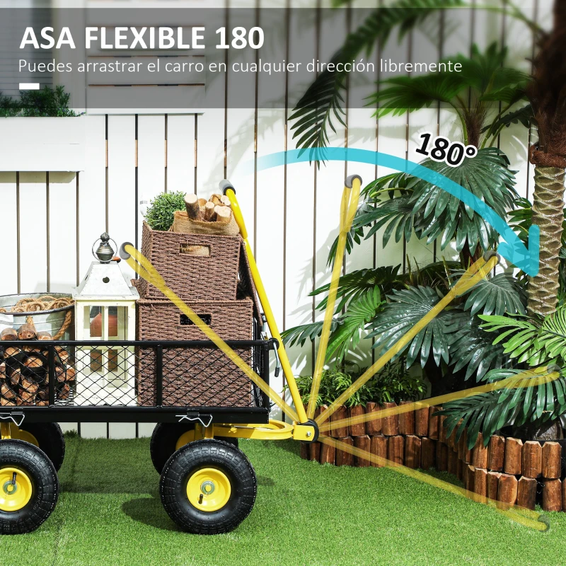 Outsunny Carro de Jardín Basculante Carga 200 kg con Paneles Laterales Desmontables y 4 Ruedas Neumáticas Negro y Amarillo