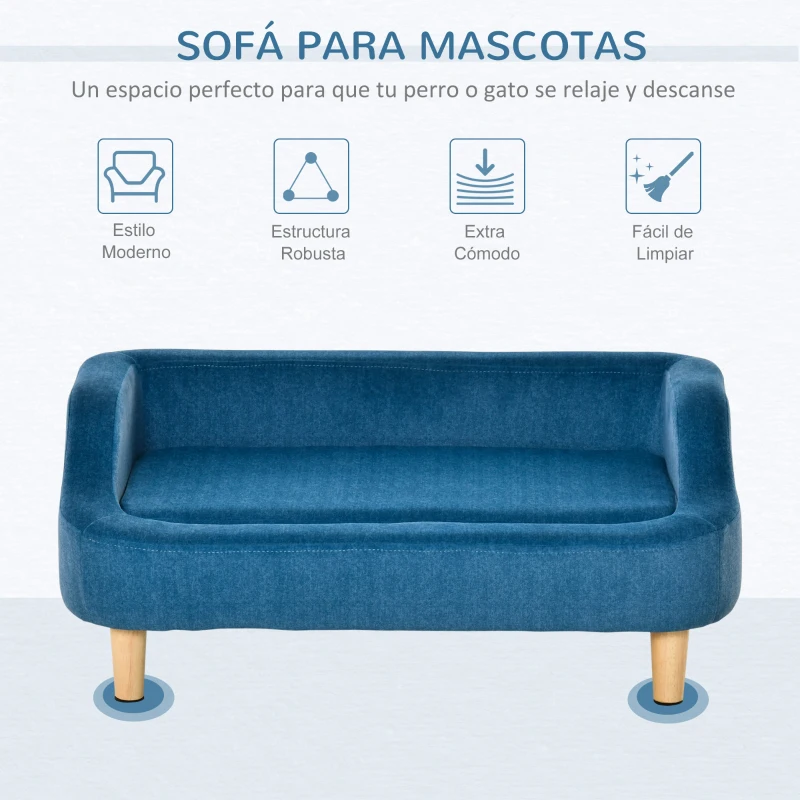 PawHut Sofá para Mascotas Tapizado en Terciopelo Sofá Cama para Perros Gatos Medianos Pequeños Acolchado Grueso con Cojín Extraíble Lavable y Patas de Madera 70x40x31 cm Azul