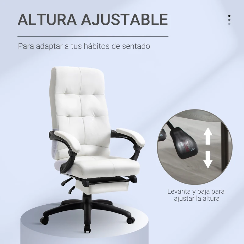 Vinsetto Silla de Oficina Giratoria Silla de Escritorio Reclinable Silla de Estudio Tapizada de PU con Altura Ajustable Reposabrazos Reposapiés 65x65x118-125 cm Blanco