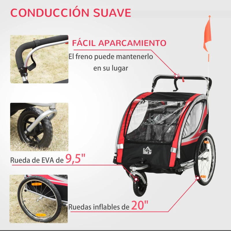 HOMCOM Remolque de Bicicleta para Niños +18 Meses 2 en 1 Cochecito de Paseo de 2 Plazas con Freno de Mano Cinturón de Seguridad Bandera y Reflectores 142x75x101 cm Rojo