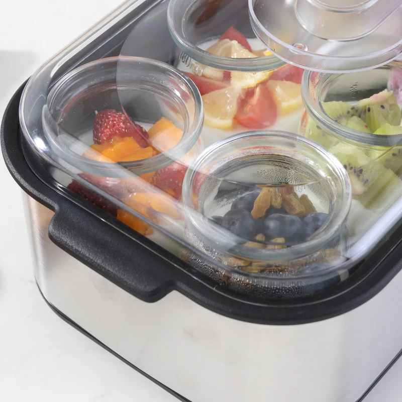 HOMCOM Yogurtiera Elettrica 25W con 8 Vasetti Inclusi, Timer 1-48 Ore e Temperatura Regolabile 20-50°C, 36x18.8x14cm, Argento