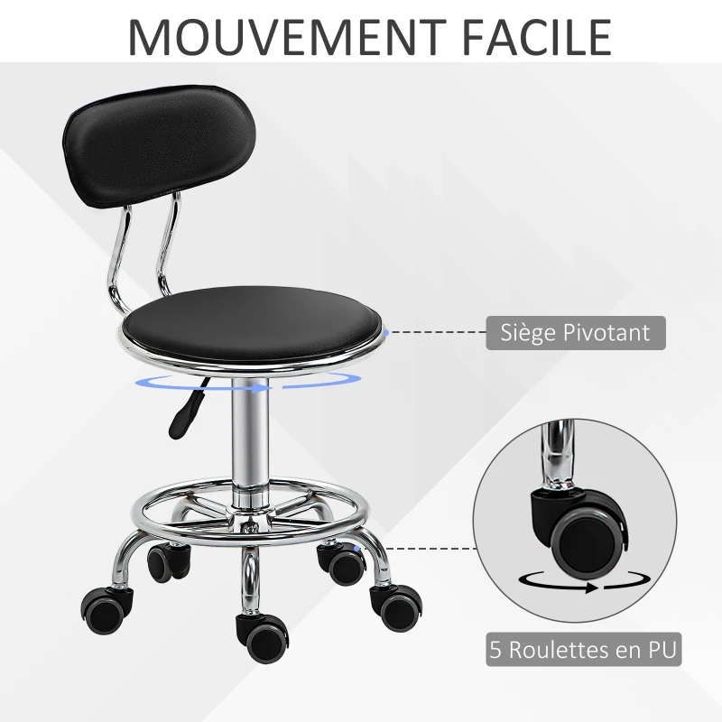 HOMCOM Tabouret à roulettes tabouret de massage pivotant 360° - ergonomique avec dossier - hauteur assise réglable 43,5-59 cm - revêtement synthétique noir et métal chromé