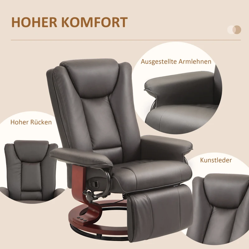 HOMCOM Relaxsessel mit Liegefunktion, drehbar, bis 150 kg, Kunstlederbezug, Stahlrahmen, Braun(m-7)