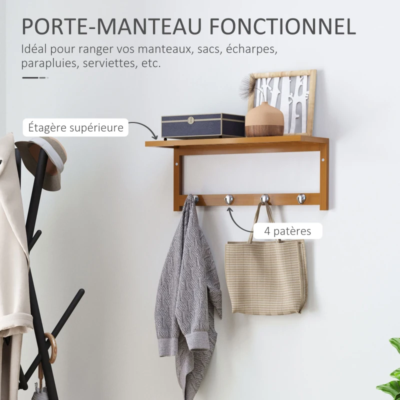 HOMCOM Porte-manteau mural penderie murale étagère 50L x 16l x 17,5H cm 4 patères kit fixation fourni bambou naturel
