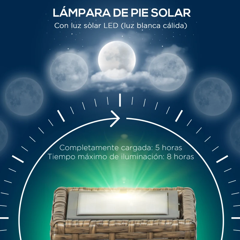 Outsunny Lámpara Solar de Ratán Sintético con Luces LED Encendido/Apagado Automático para Exterior 15,5x15,5x46 cm Arena