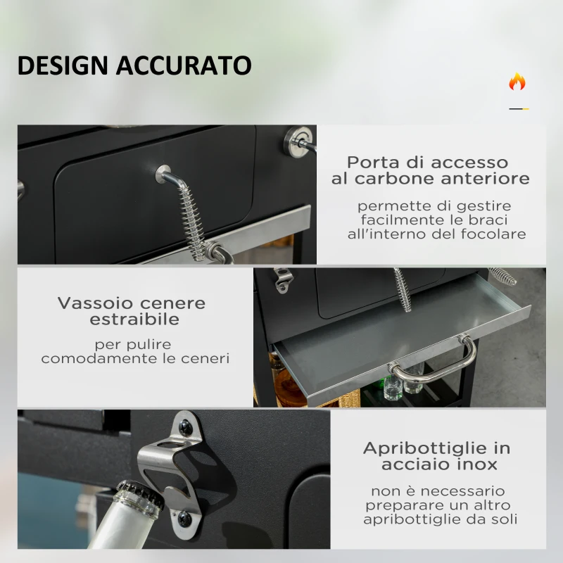 Outsunny Barbecue a Carbone con Coperchio con Termometro, Griglia Regolabile, Ruote e Tavolini, Nero