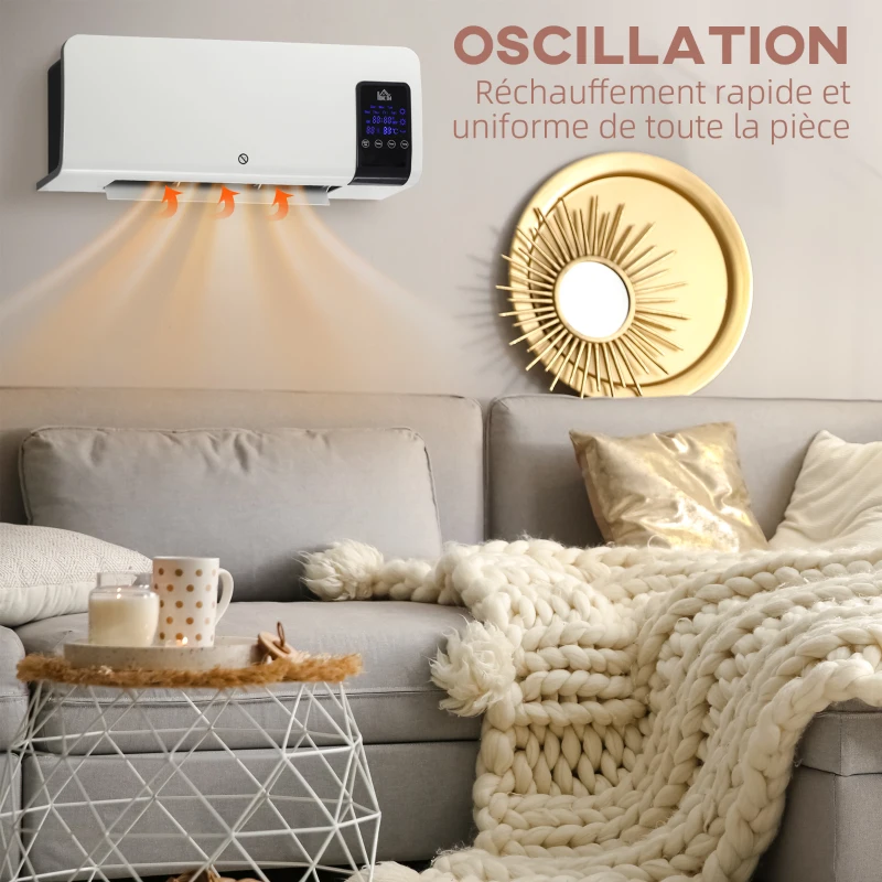 HOMCOM Radiateur soufflant mural chauffage céramique PTC - 1000 W / 2000 W oscillation minuterie avec télécommande blanc