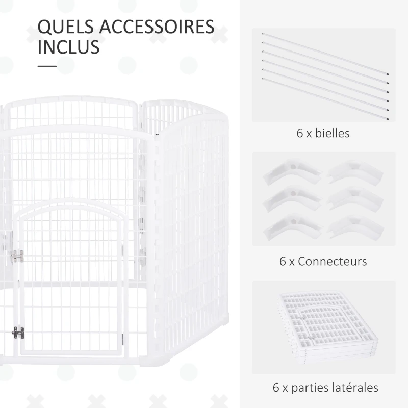 PawHut Luxe parc enclos modulable 6 panneaux + 1 porte verrouillable pour chiens lapins rongeurs petits animaux intérieur et extérieur 65 x1.7 x 95 cm plastique PP blanc