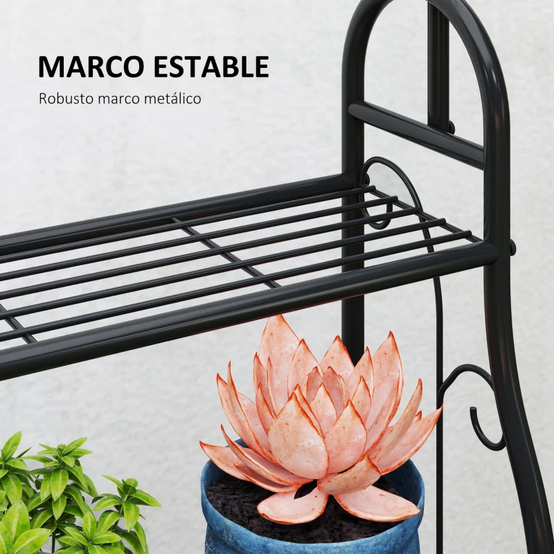 Outsunny Estantería para Plantas de 3 Niveles con Ganchos de Metal Barra para Colgar para Interior y Exterior Negro