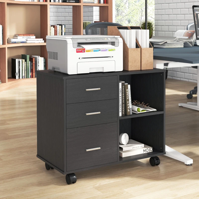 HOMCOM Freestanding Printer Stand Unit Office Desk Side Mobile Storage w/ Wheels 3 Drawers, 2 Open Shelves Modern Style 80L x 40W x 65H cm - Black