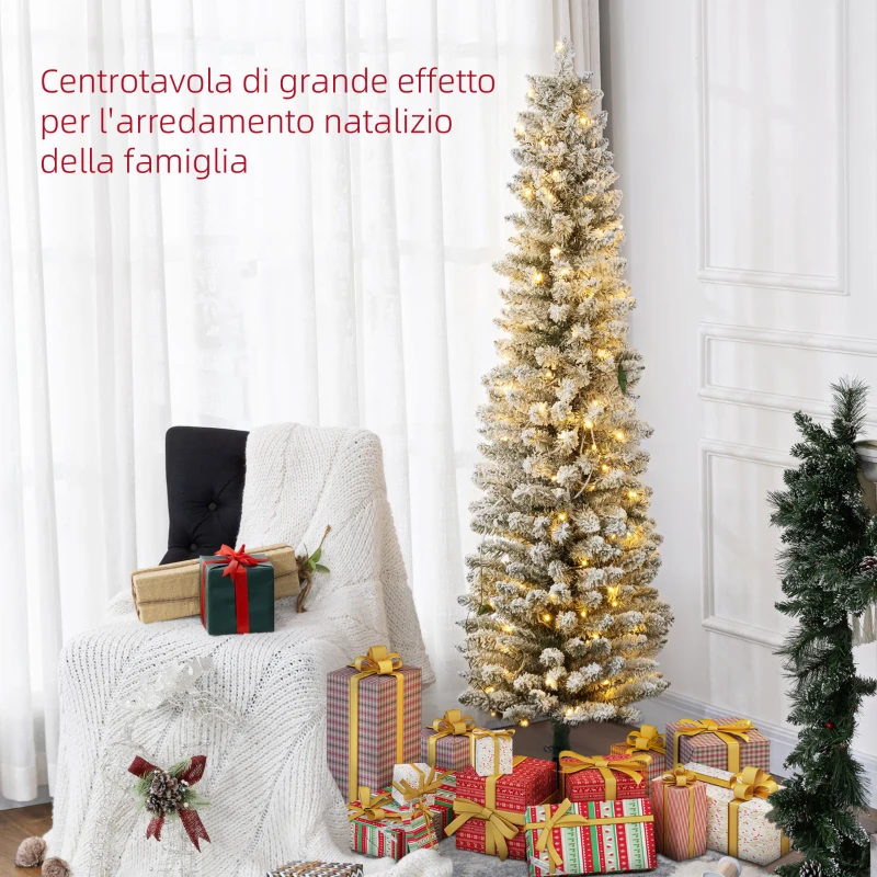 HOMCOM Albero di Natale Innevato con 329 Rami e Luci LED Bianche, in Plastica e Metallo, Ø52x180 cm, Verde
