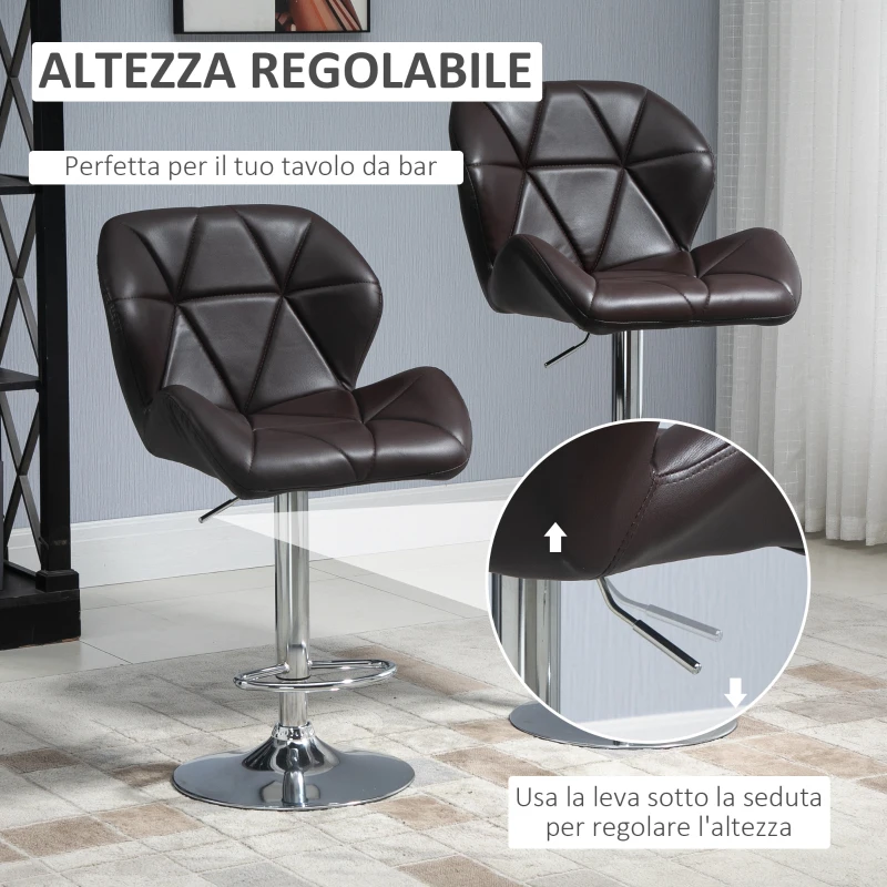 HOMCOM Set 2 Sgabelli da Bar con Altezza Regolabile, Base in Metallo e Seduta in Pelle PU, Sgabelli da Cucina con Schienale e Poggiapiedi, 51.5x57.5x93-114.5cm, Marrone e Argento