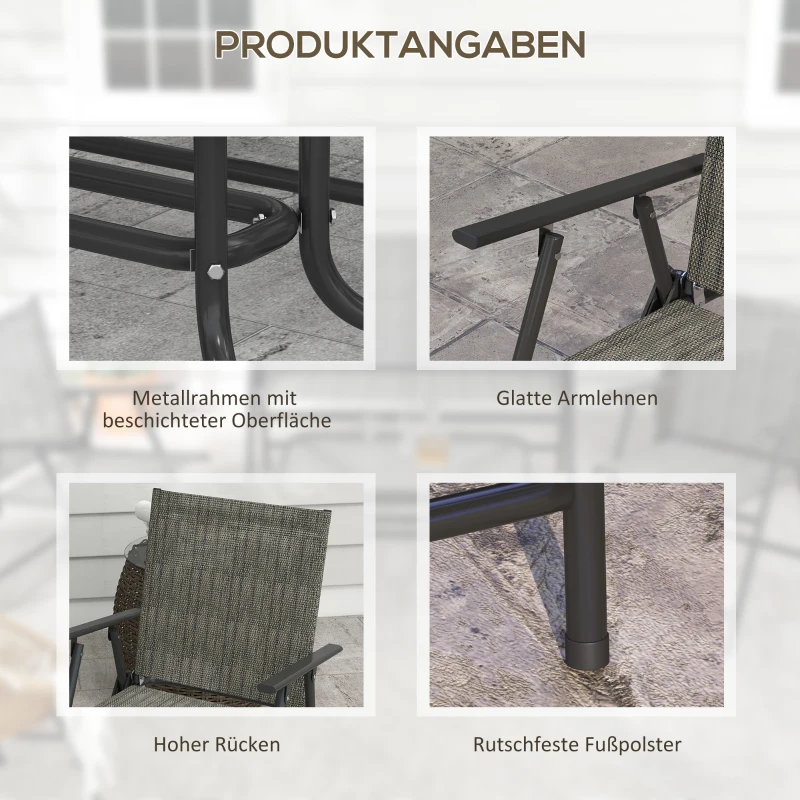 Outsunny 4-tlg. Gartenmöbel-Set, 2-Sitzer, 2 Klappstühle, Tisch, Metallrahmen, Grau+Braun