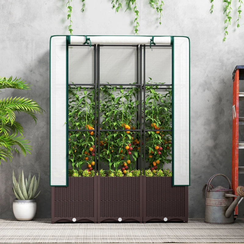 Outsunny Raised Garden Bed with Trellis, Plastic Planter Box with PE Cover, Drainage Holes, Drain Plugs and Water Reservoirs for Climbing Plants, Vegetables, Flowers, 120 x 40 x 140 cm