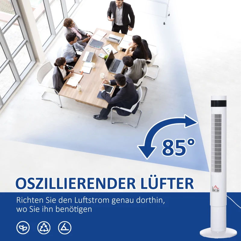 HOMCOM Turmventilator, Standventilator mit 3 Belüftungsstufen, Fernbedienung, 50W Ventilator mit 12H Timer, LCD-Anzeige, 85° Oszillation, für Schlafzimmer, Weiß