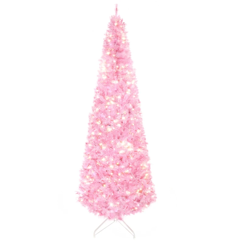 HOMCOM 5FT Tall Prelit Pencil Slim Artificial Christmas Tree with Realistic Branches, Warm White LED Lights and 408 Tips, Xmas Decoration, Pink