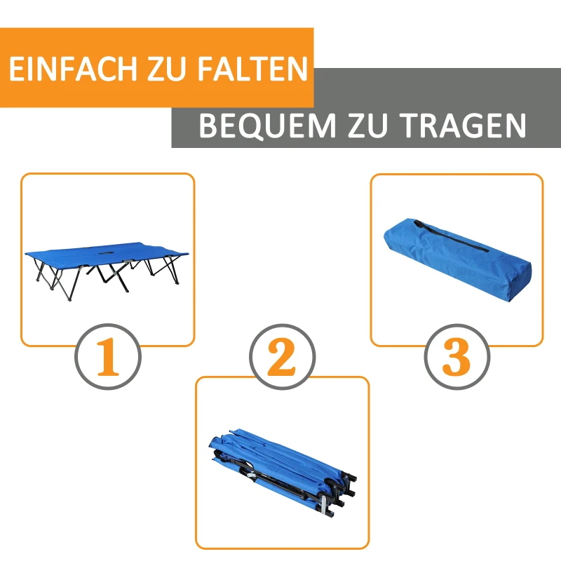 Outsunny Campingbett Klappbar für 2 Personen Feldbett Klappbett mit Tragetasche bis 136 kg belastbar Stahl Oxford Blau+Schwarz 193 x 125 x 40 cm