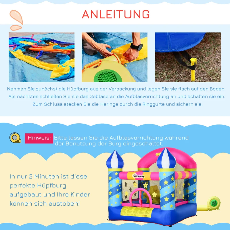 Outsunny Selbstaufblasende Hüpfburg, inklusive Gebläse, 1 Reparatur-Kit, für Kinder von 3 bis 12 Jahren, Bunt
