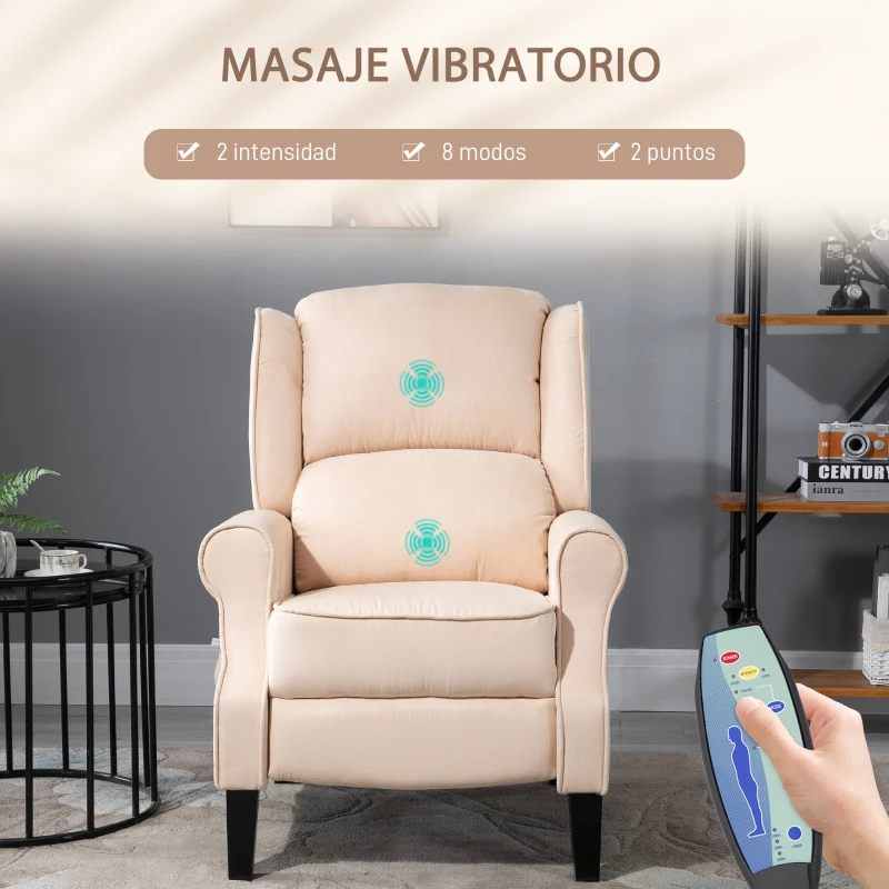HOMCOM Sillón de Masaje Reclinable con Mando a Distancia 2 Zonas de Masaje y Tapizado en Tejido de Ante 78x83x101 cm Crema