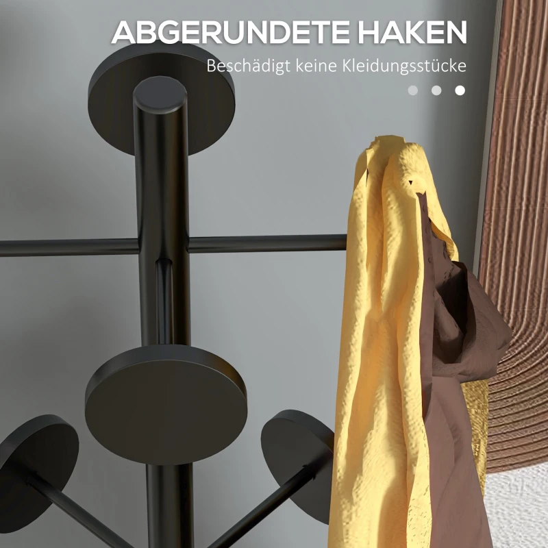HOMCOM Garderobenständer Kleiderständer Hutständer, inkl. Schirmablage, 12 Kleiderhaken, Schwarz