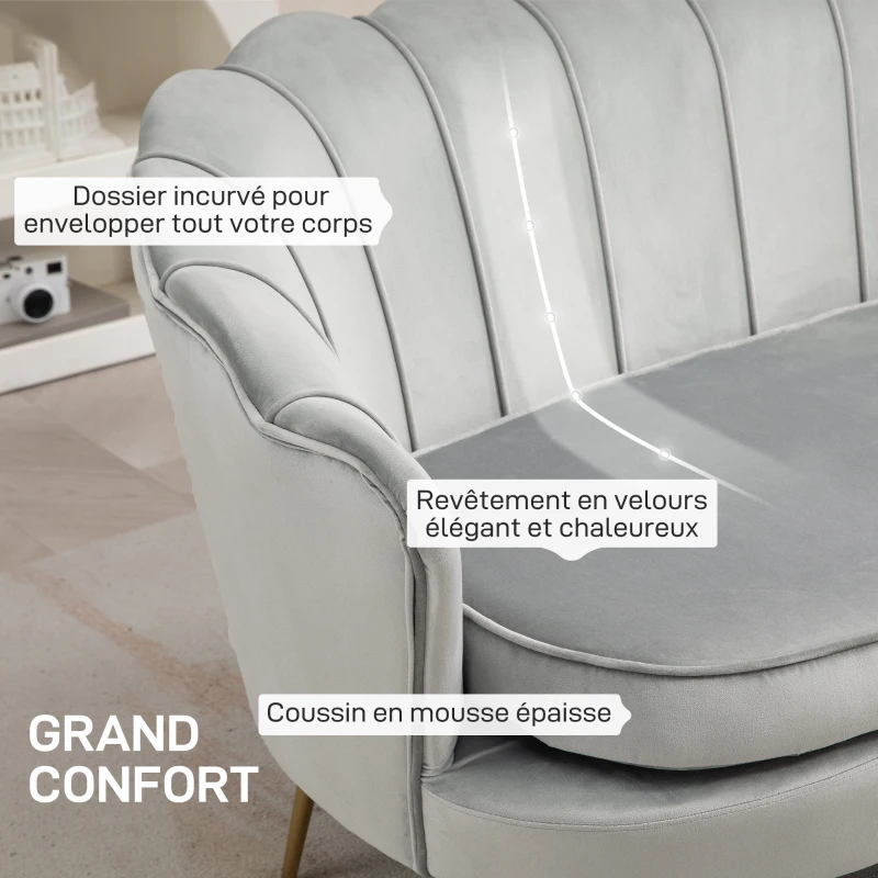 HOMCOM Canapé 2 places en tissu velours en forme de coquillage avec coussin épais de 10 cm pieds dorés effilés gris clair