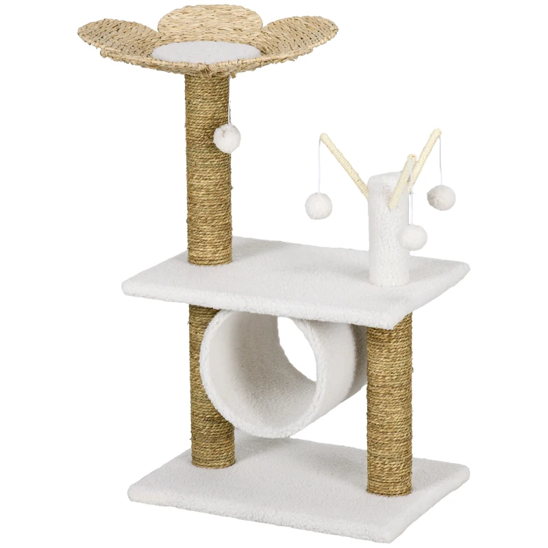 PawHut Árbol Rascador para Gatos Torre para Gatos con Cama Forma de Flor Postes Rascadores 56x40x91 cm Blanco y Marrón