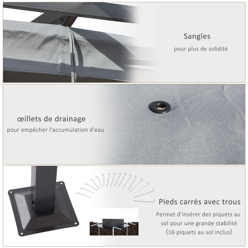 Outsunny Pergola rétractable 3L x 3l x 2,30H m structure métal époxy anticorrosion, toile polyester haute densité incluse gris
