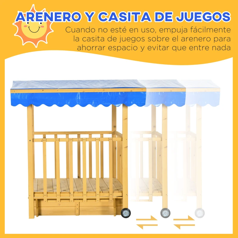 Outsunny Arenero para Niños Veranda de Madera con Techo y Ruedas Juego para Niños de 3-8 Años para Jardín 133x129x137,5cm Natural