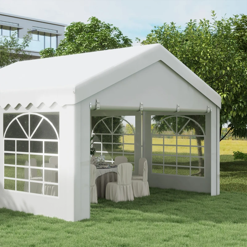 Outsunny Carpa para Fiesta Cochera Gazebo 4x4m Pergola Cenador Pabellón 4 Paneles Laterales 6 Ventanas Anti-UV para Eventos Bodas Acero PE Blanco